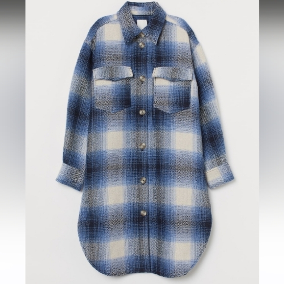 DAVI & DANI Blue/White Chevron Plaid Long Jacket/Duster Shacket - Picture 2 of 12